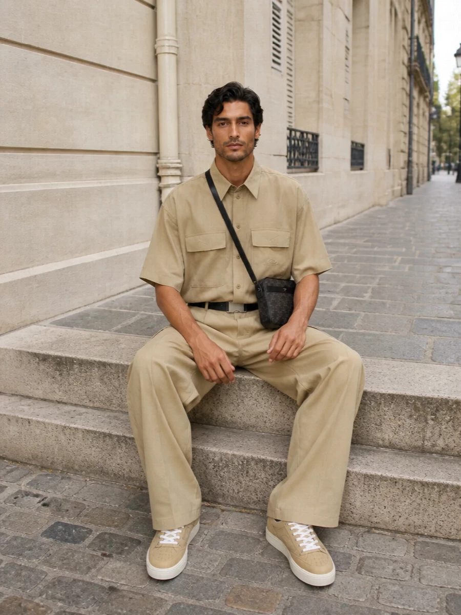 Celine cargo trousers sand shirt sneakers