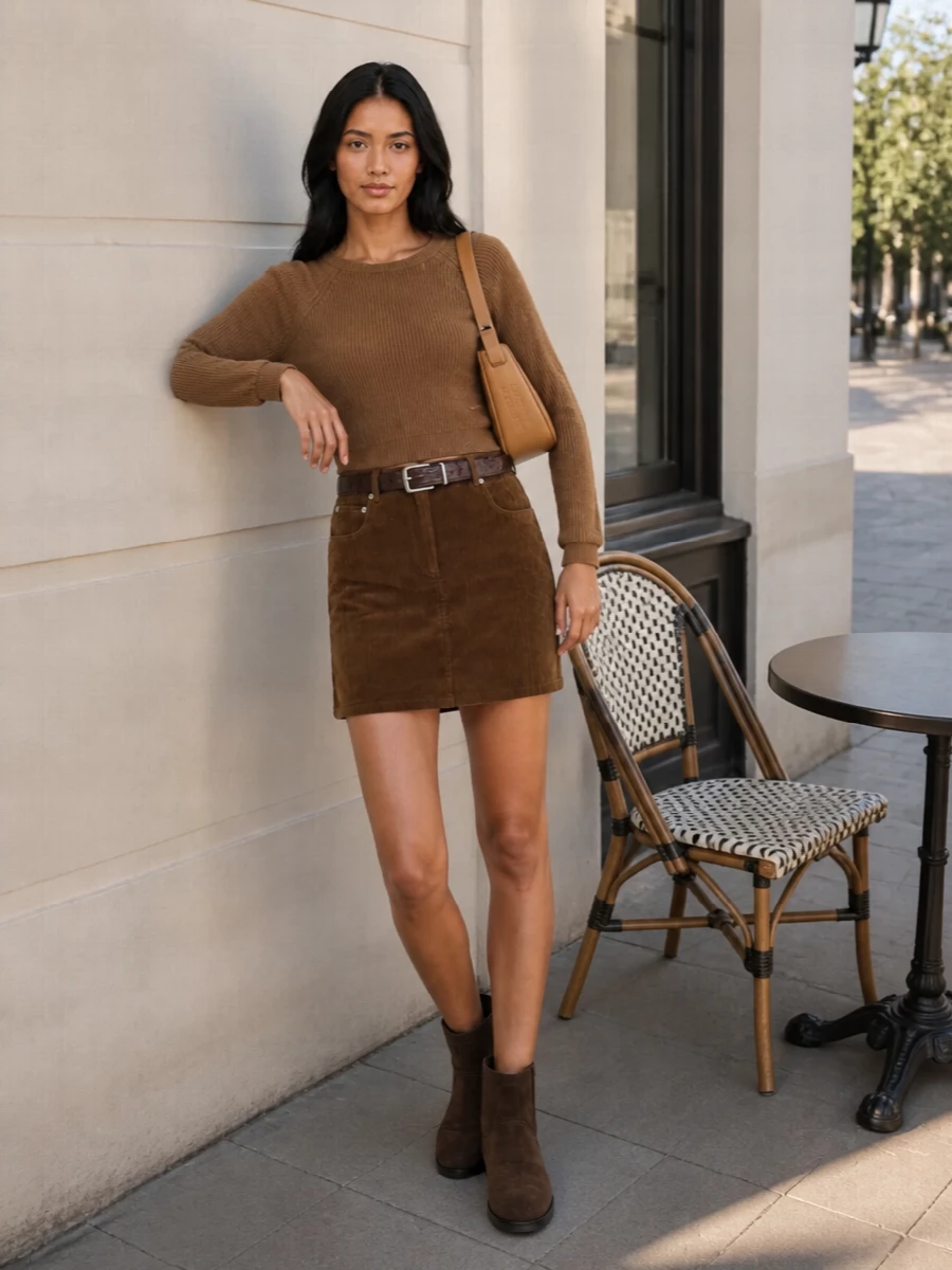 Moschino corduroy mini skirt camel outfit
