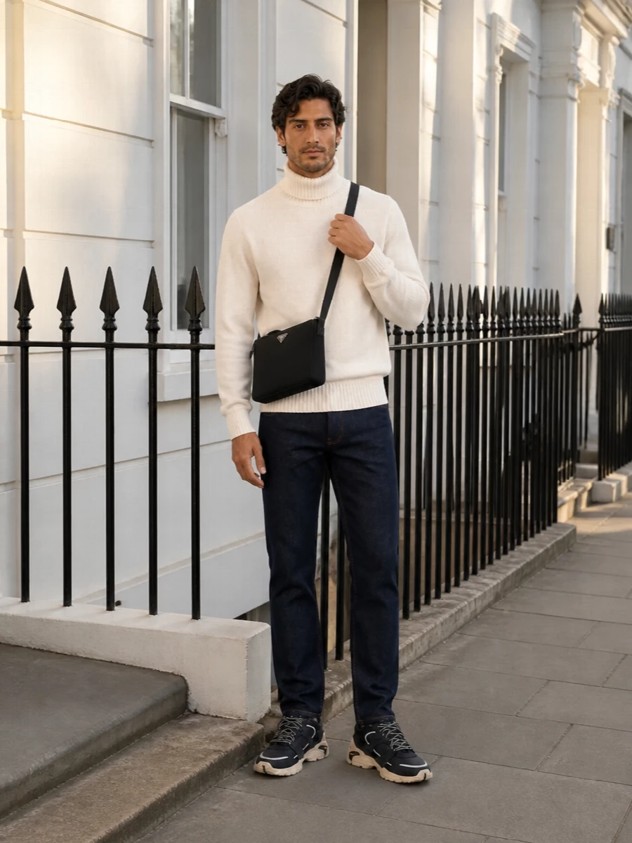 Dark indigo denim and a cream Ten C turtleneck create a sharp, minimal base that feels relaxed but considered. Chunky Lardini sneakers keep the line modern and easy, while the Prada crossbody brings just enough structure for the city. The result is a clean, all-day uniform that moves smoothly from coffee run to casual dinner.