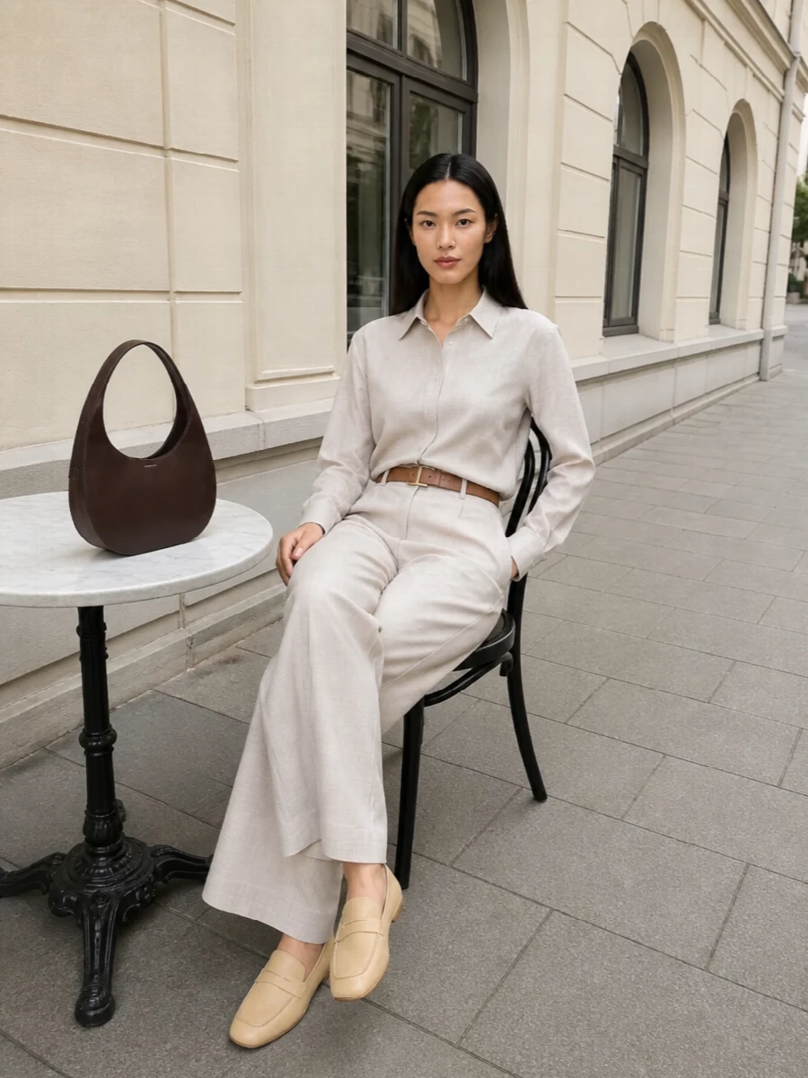 Boss beige wide leg trousers neutral shirt