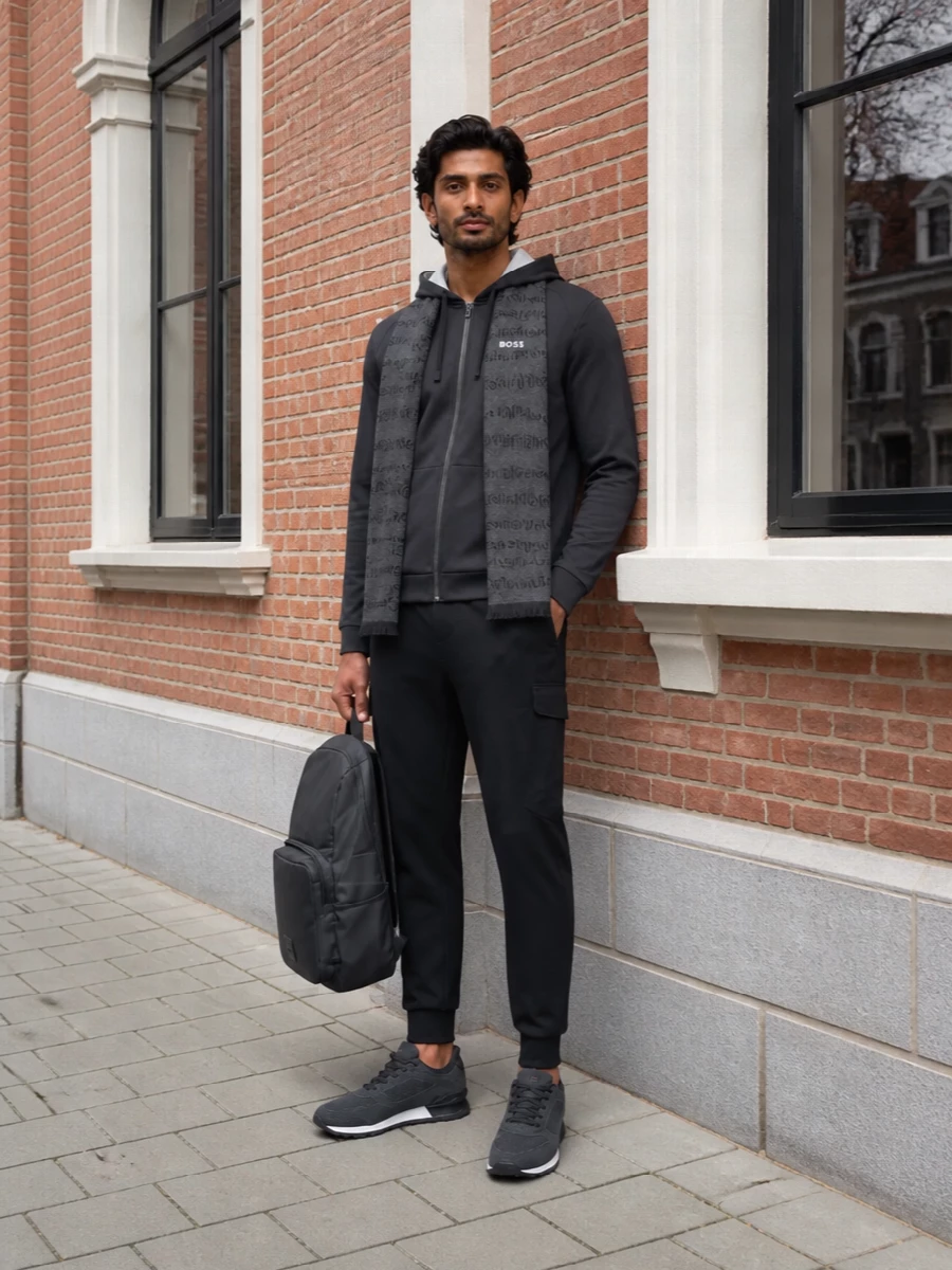 Boss charcoal hoodie black track pants sneakers