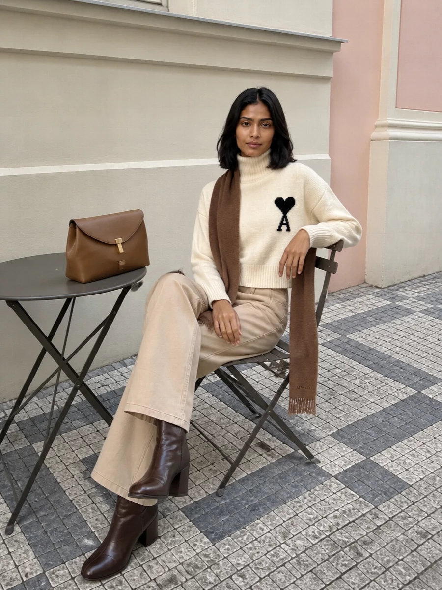 Ami paris wide leg trousers ivory turtleneck