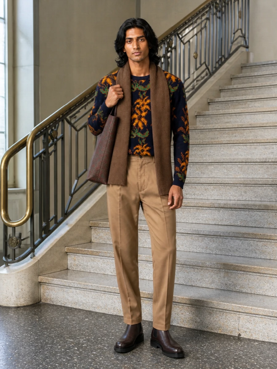 A navy floral Etro knit pairs with pleated camel trousers for a romantic, quietly polished take on autumn color. Dark chocolate Chelsea boots and a paisley tote deepen the warm tones while keeping everything sharp rather than rustic. A soft brown scarf finishes the palette with understated texture around the neck.