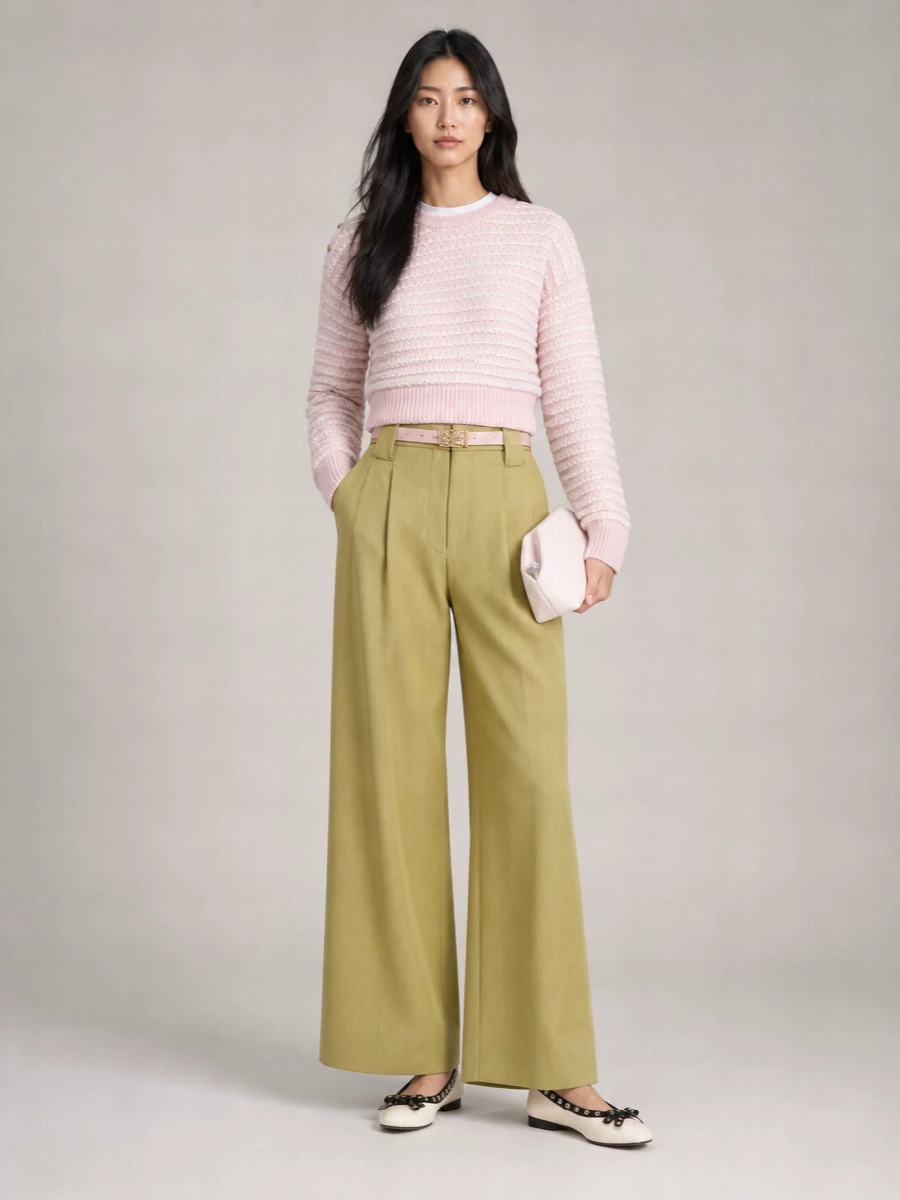 Soft pink and khaki feel fresh together, with the cropped textured knit sitting neatly over high-rise wide-leg trousers for an easy, leg-lengthening line. Cream-and-black ballerinas and a blush-toned clutch keep the mood romantic yet pulled together, while a slim nude belt quietly shapes the waist without breaking the palette. It is an off-duty outfit that still feels considered enough for lunches, gallery days or casual office hours in warmer weather.