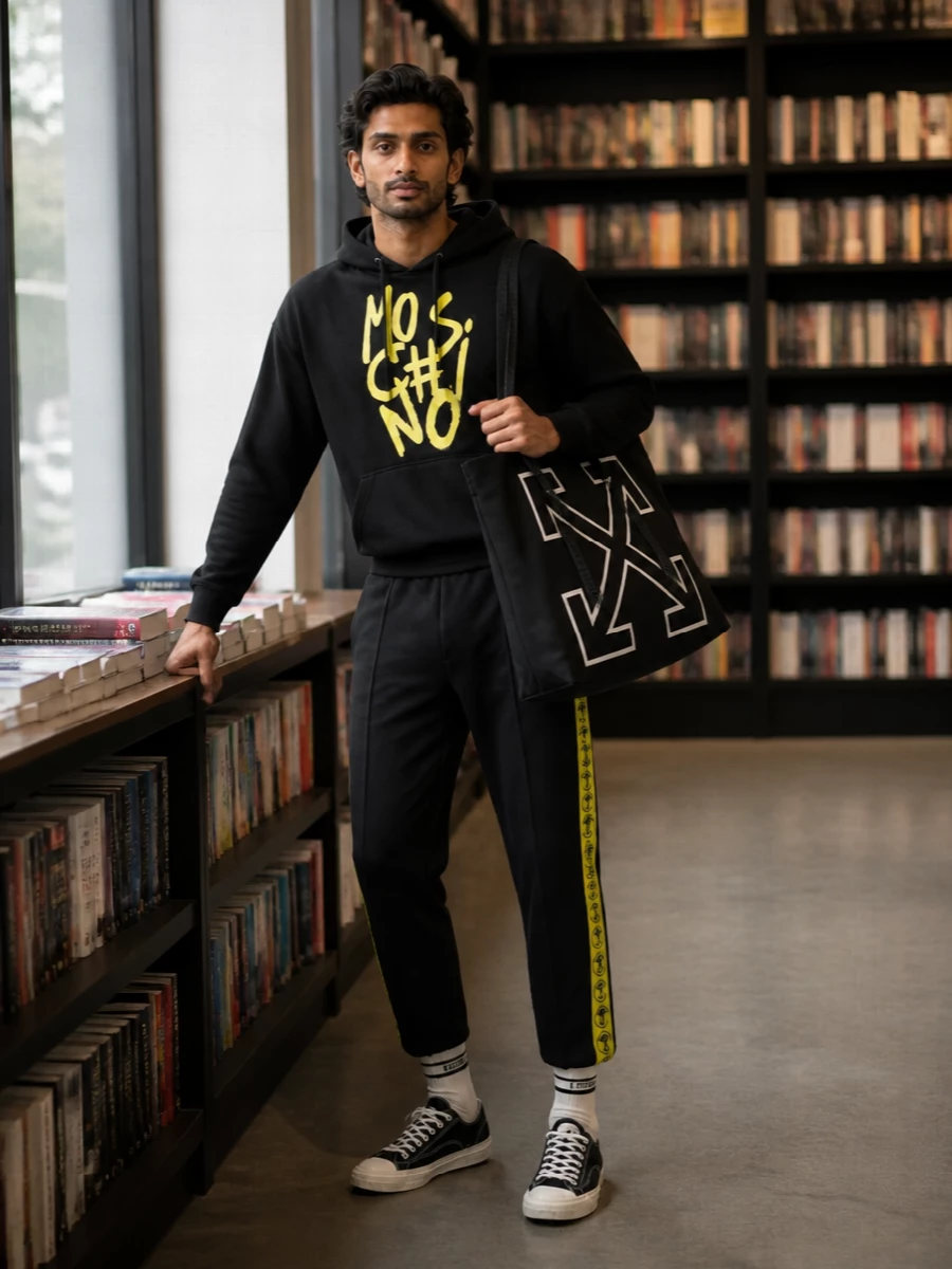 A tight black and acid-yellow story keeps this Moschino hoodie front and center, anchored by matching striped track pants for a clean, athletic line. Canvas low-top sneakers and striped sport socks keep the energy casual and fast, while the oversized Off-White tote brings practical city attitude without breaking the graphic rhythm. It is an off-duty street uniform that feels deliberate, branded and ready for all-day movement.