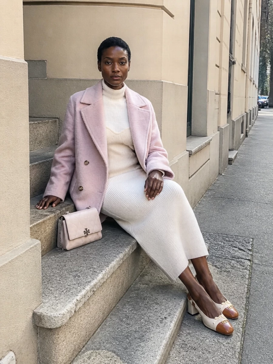 Tagliatore pink coat gaultier ivory knit dress