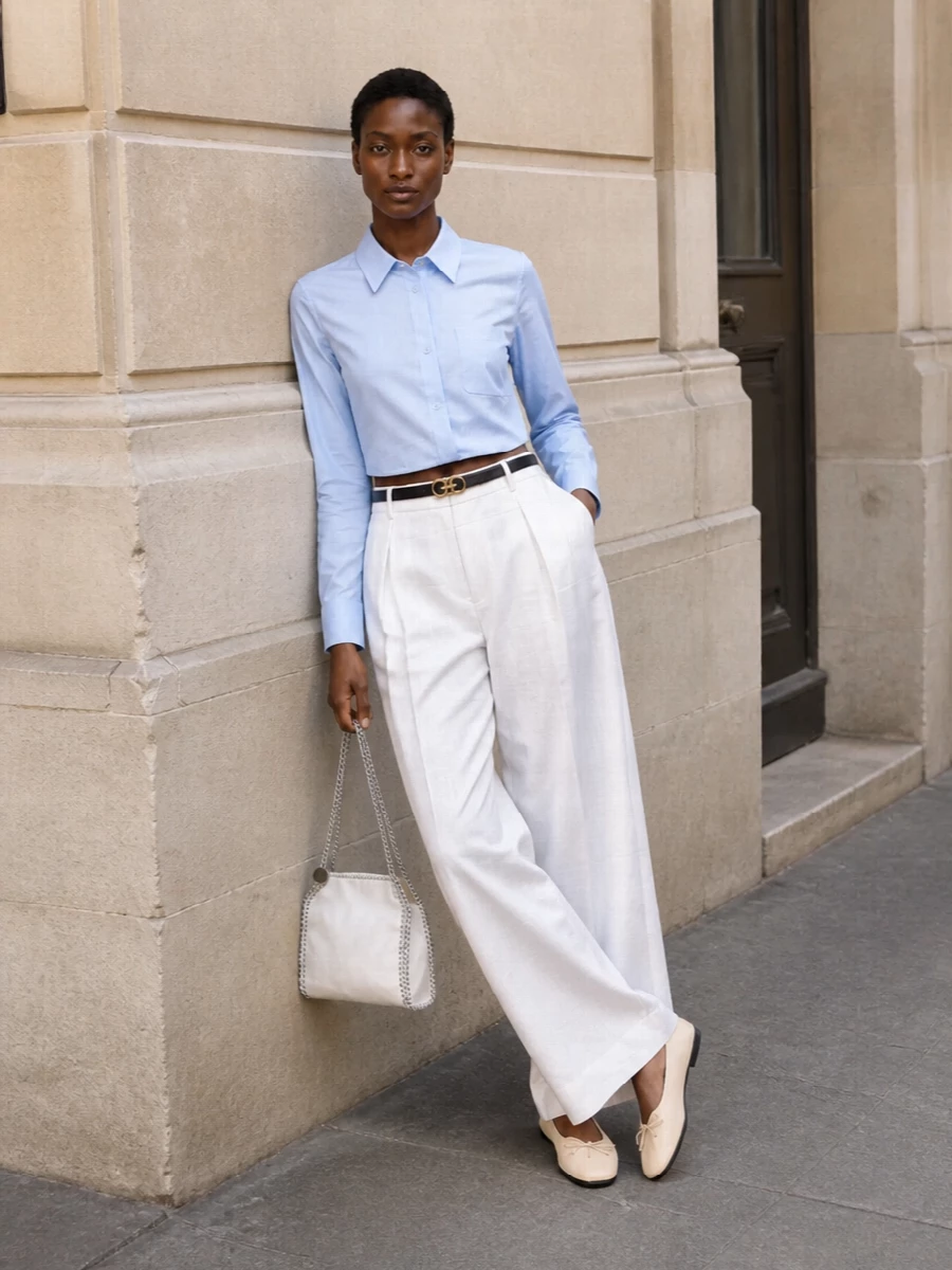 Sportmax sky blue shirt wide leg trousers outfit