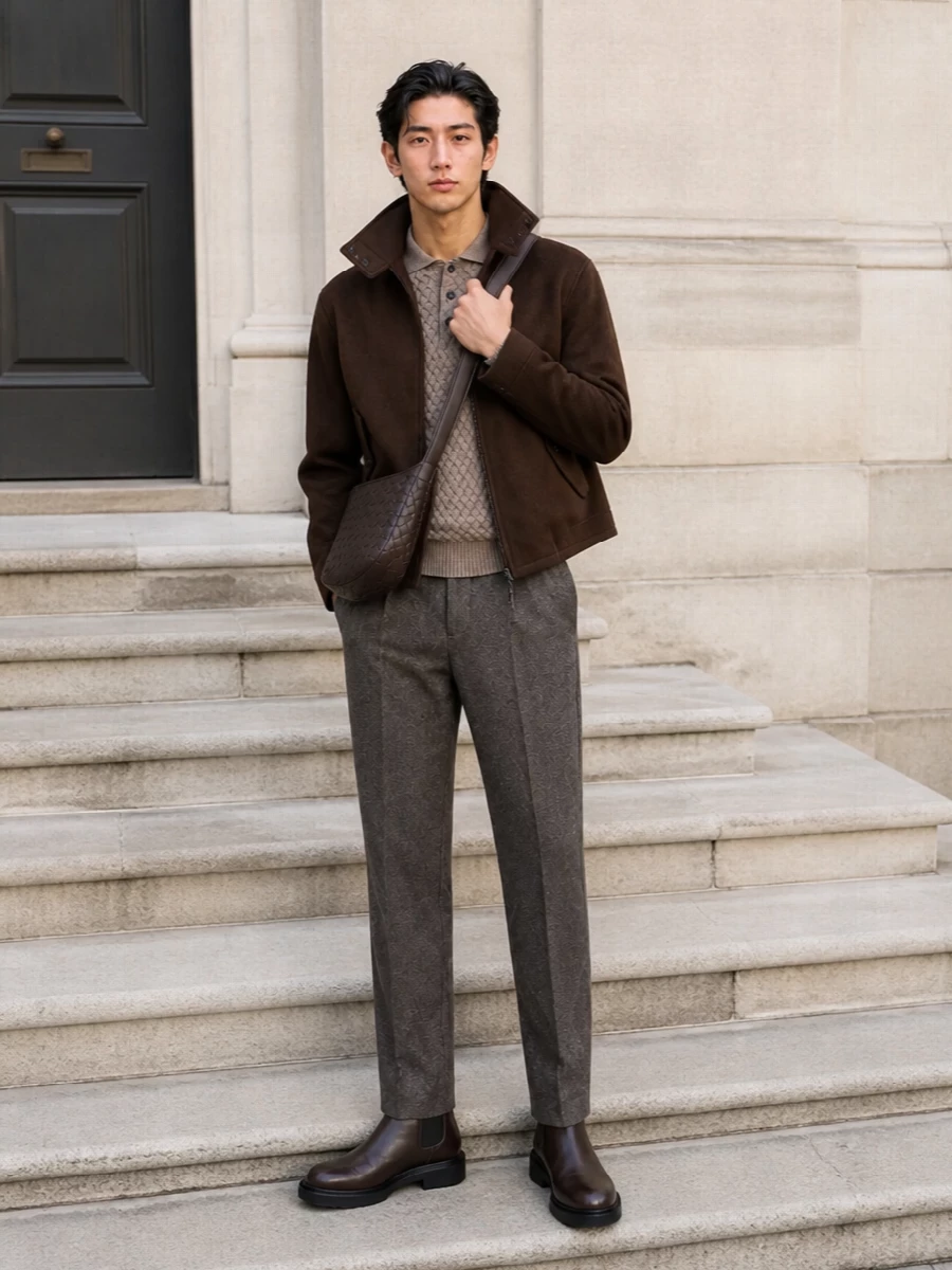 Bottega veneta brown coat charcoal trousers