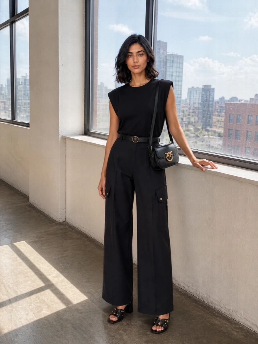 Padded shoulders meet a clean high-rise cargo in a monochrome palette that feels sharp, relaxed and unmistakably urban. The wide leg drops in a long, fluid line, then the structured heel and slim belt pull everything back into focus. A compact, logoed crossbody keeps it hands-free and polished for city days that slide into night.
