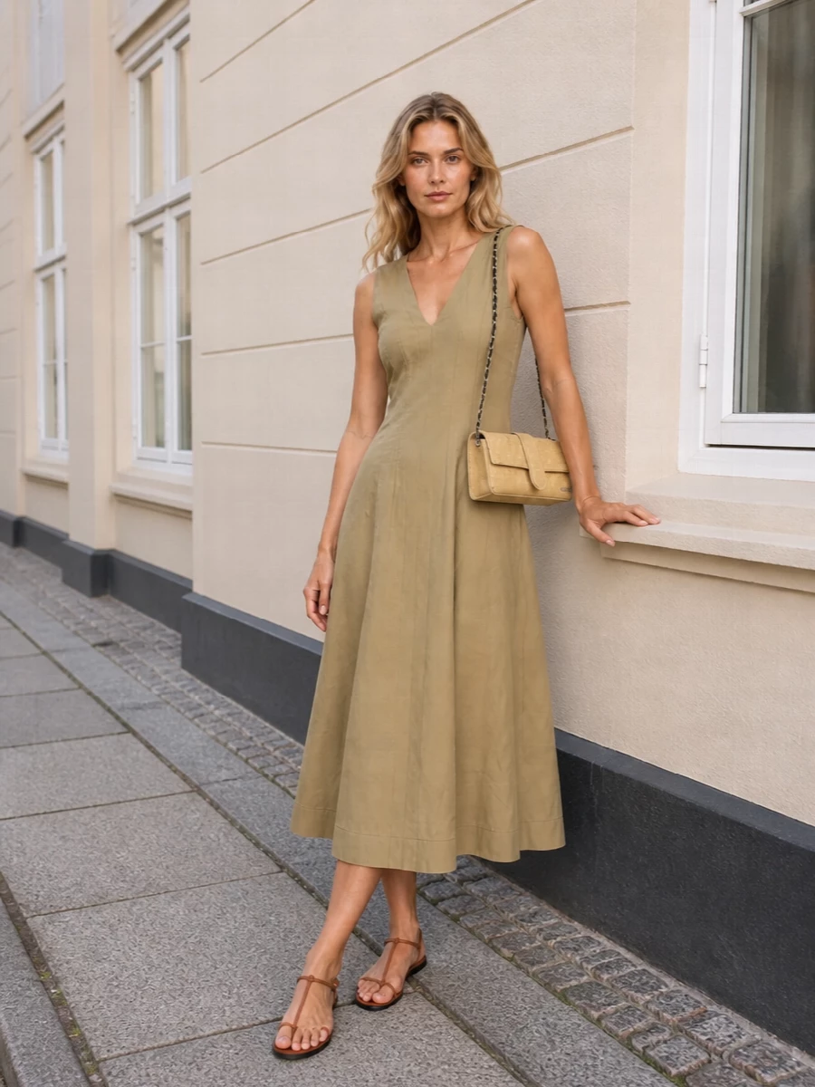 A sand-toned midi dress and tan leather sandal sit in the same warm, understated register as the Jacquemus bag, so the palette runs in one calm vertical line. The choice to keep it to a single dress rather than separates preserves that clean column and lets fabric and cut do the talking. It feels quietly polished for warm days where you want ease and intent in equal measure.