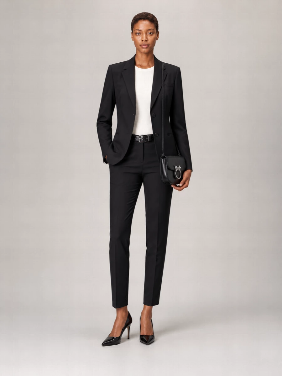 I am building around the belt as a precision detail, so a tailored blazer and trouser path is stronger than introducing a dress with a competing waist treatment. The S Max Mara suiting in black creates a clean canvas, letting the croc emboss and silver buckle register as quiet texture rather than ornament. Ferragamo pumps and a small structured Pinko bag finish it as a modern, quietly luxurious city uniform that moves from client meetings to late dinners without a change.