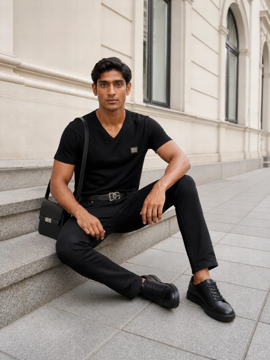 Head-to-toe black keeps the focus on cut and texture, pairing the clean V-neck tee with slim five-pocket trousers for a precise, quietly confident line. Stealthy leather sneakers and a compact shoulder bag underline the polished yet relaxed mood. A simple black belt ties the hardware together without disturbing the minimalism.
