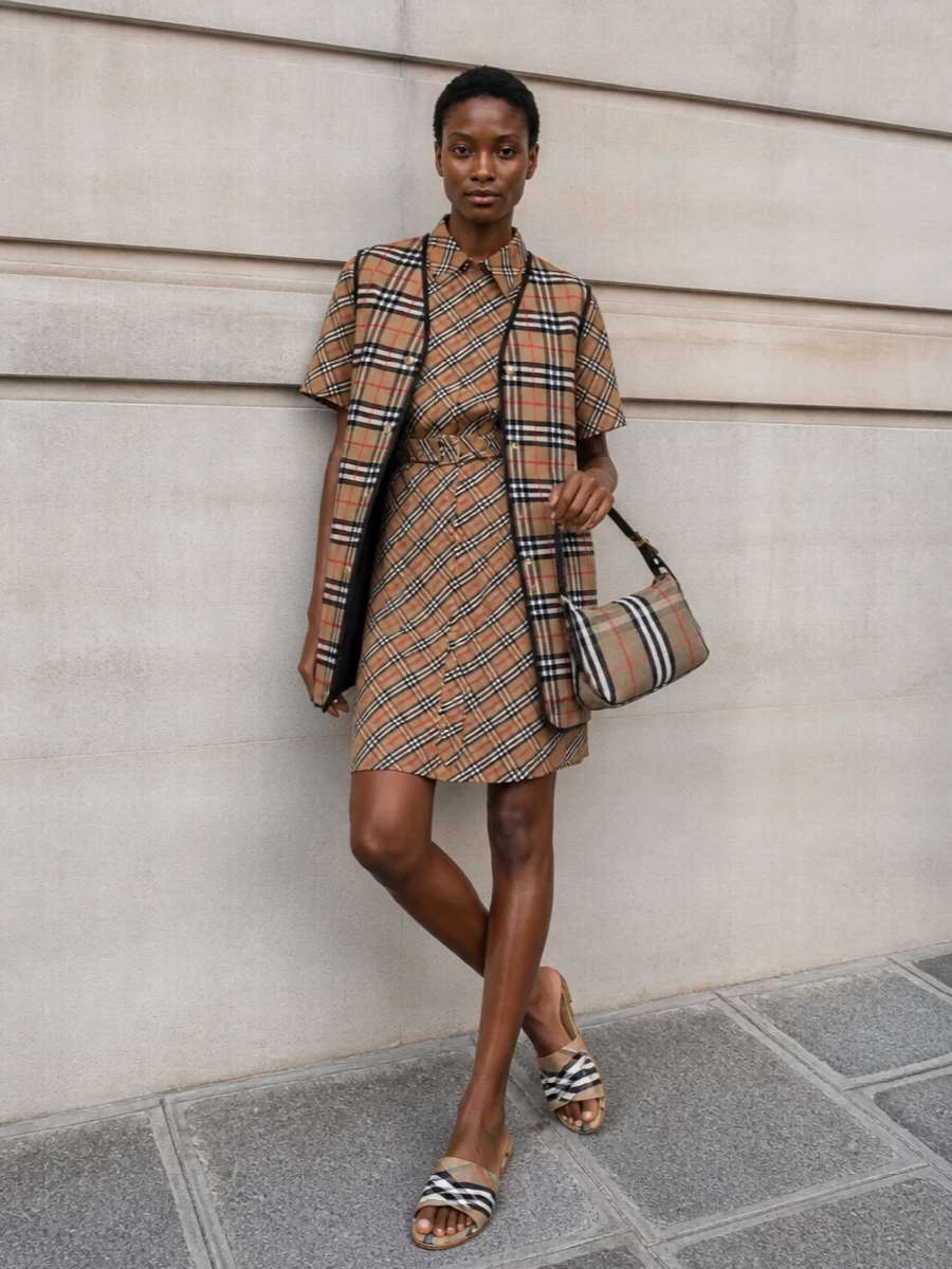 This look leans fully into Burberry heritage by pairing the longline checked waistcoat over a coordinating camel check shirt dress, creating a sharp yet easy SS uniform in a tight camel–black–red palette. Flat checked slides and a structured check baguette bag keep the mood polished but unfussy, letting the elongated tailoring and iconic pattern take center stage without feeling over-styled. The dress path works better than separates here because its clean, continuous line prevents print break-up and preserves the waistcoat’s graphic impact.