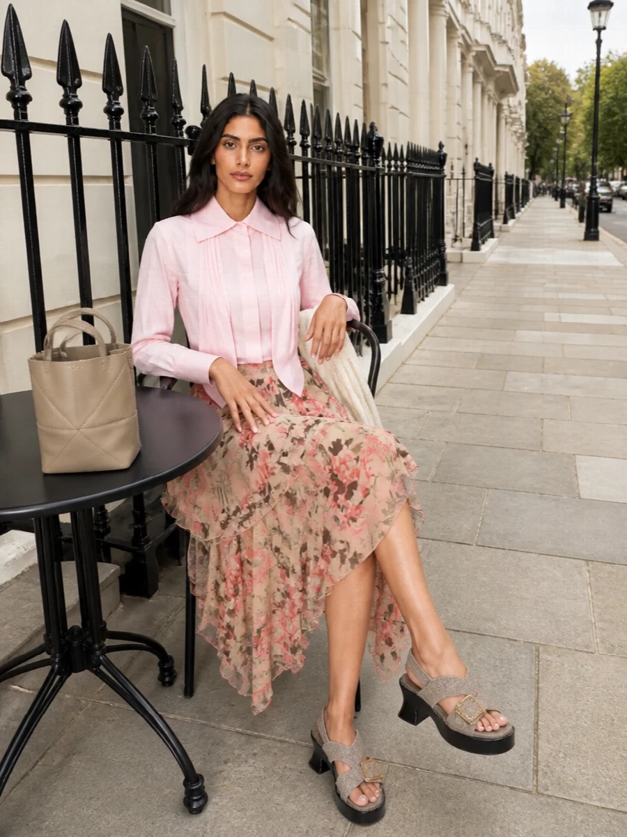 Loewe floral skirt blush shirt taupe sandals