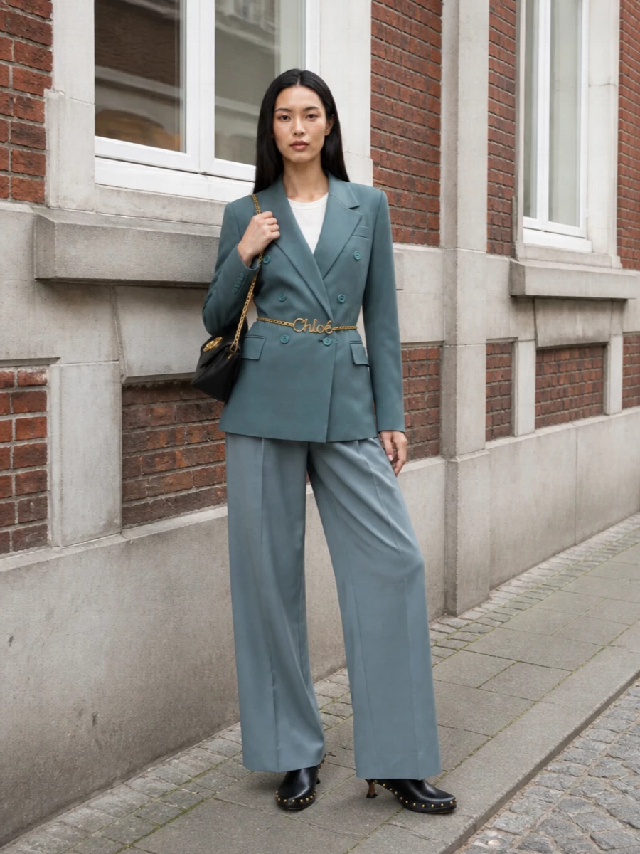 Chloe teal blazer wide leg trousers outfit