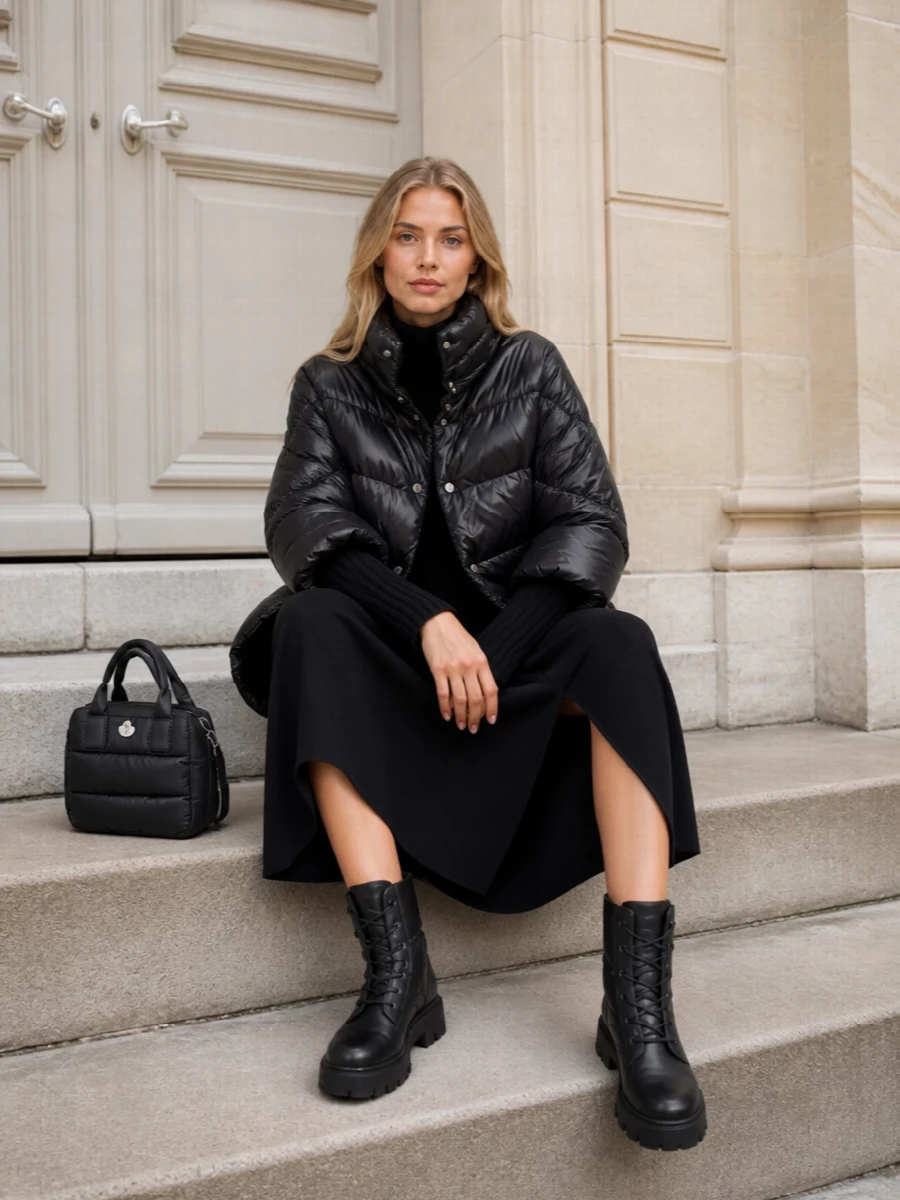Herno puffer parosh black knit dress outfit