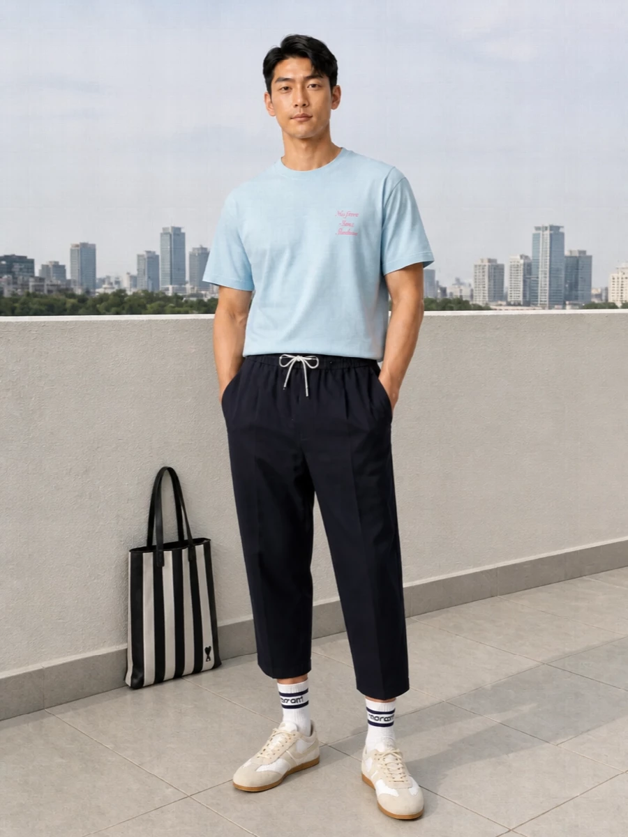 Pale blue Drôle De Monsieur on top and cropped navy drawstring trousers create a clean, relaxed frame with just enough structure. Off white and stone retro trainers and striped socks keep everything soft and graphic, while the black and ivory striped tote adds one confident vertical accent without breaking the minimalist ease.