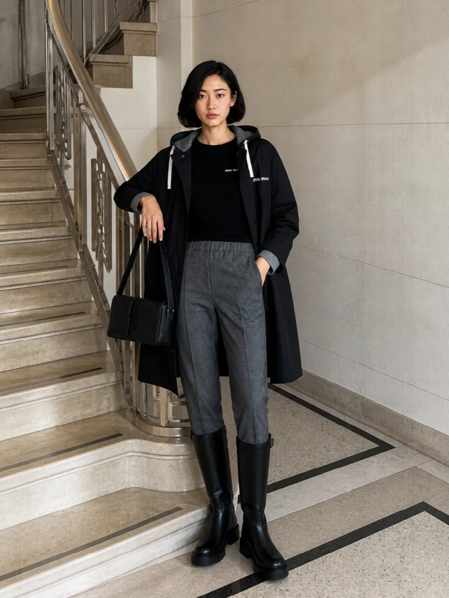 Miu miu parka tailored track pants knee boots