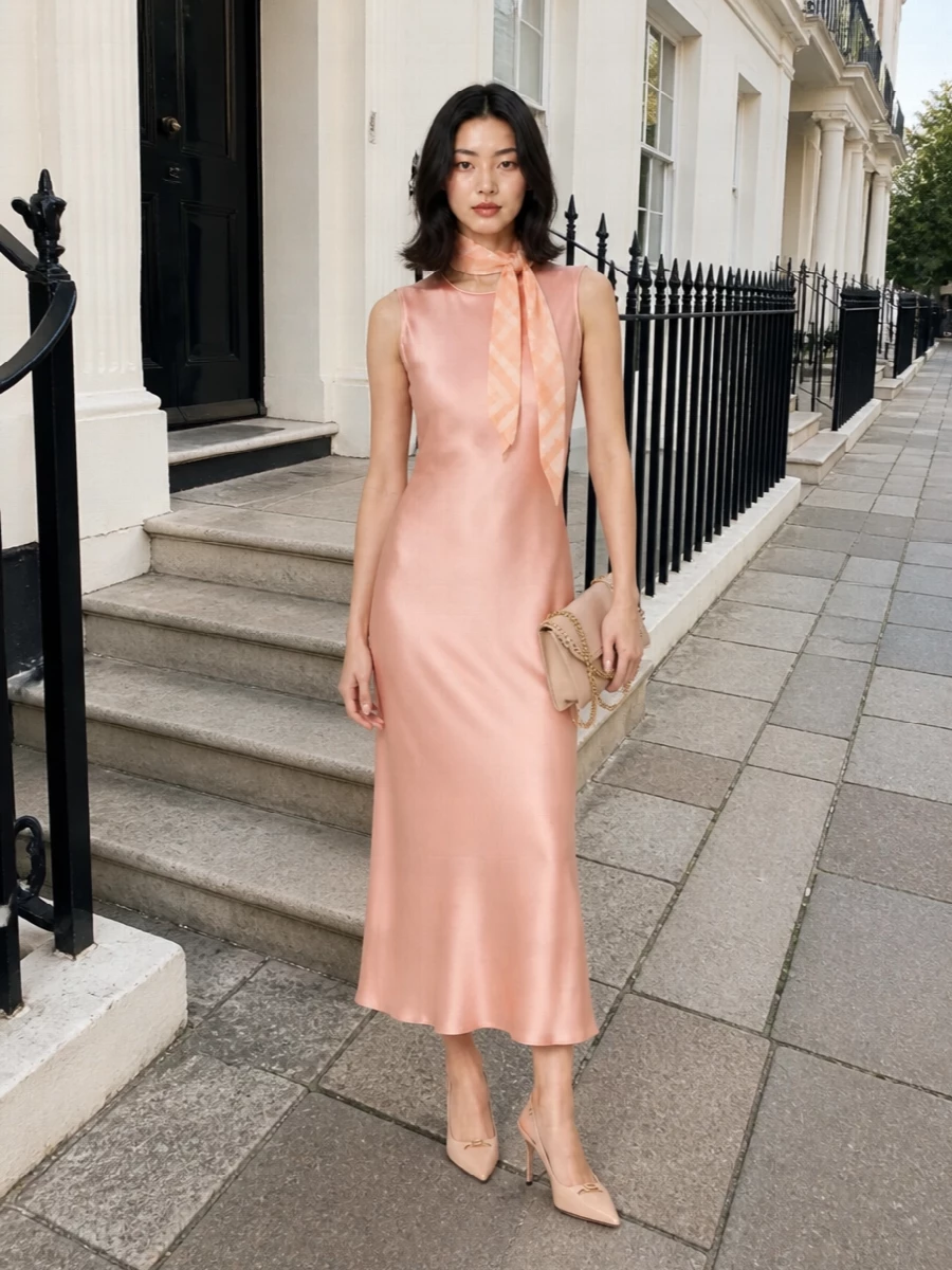 A blush satin column paired with nude-blush slingbacks and a compact blush chain bag creates a soft, elongated line that feels intimate yet precise for warm evening occasions. The skinny peach scarf adds just a whisper of pattern and movement, keeping the palette cohesive while giving the outfit a personal, romantic signature.