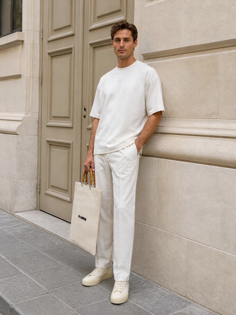 An off-white Jil Sander tee meets softly structured pleated trousers in a near-tonal pairing that feels calm and precise. Creamy sneakers echo the palette, while the graphic canvas tote introduces a discreet point of focus without disturbing the purity of the silhouette.