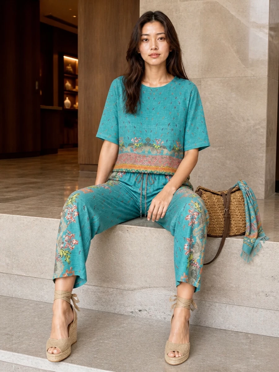 Head-to-toe Pierre Louise Mascia turquoise creates a romantic, bohemian set that feels like scarf dressing reimagined, with the cropped top and relaxed pant keeping all that print light. Sand-toned espadrille wedges and a woven tan shoulder bag ground the color with sun-washed neutrals, so the palette feels joyful rather than loud. Finish with the matching scarf lightly tied or looped on the bag for an artful, collected feel that still reads relaxed for warm days.