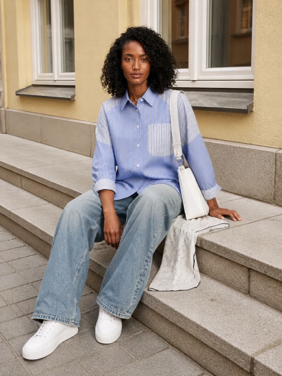 Stella mccartney wide leg jeans striped shirt outfit