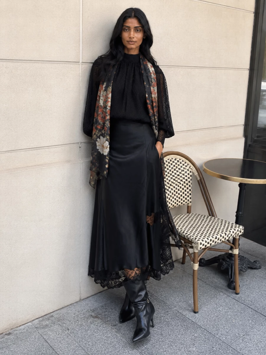 Isabel marant black lace top satin maxi outfit