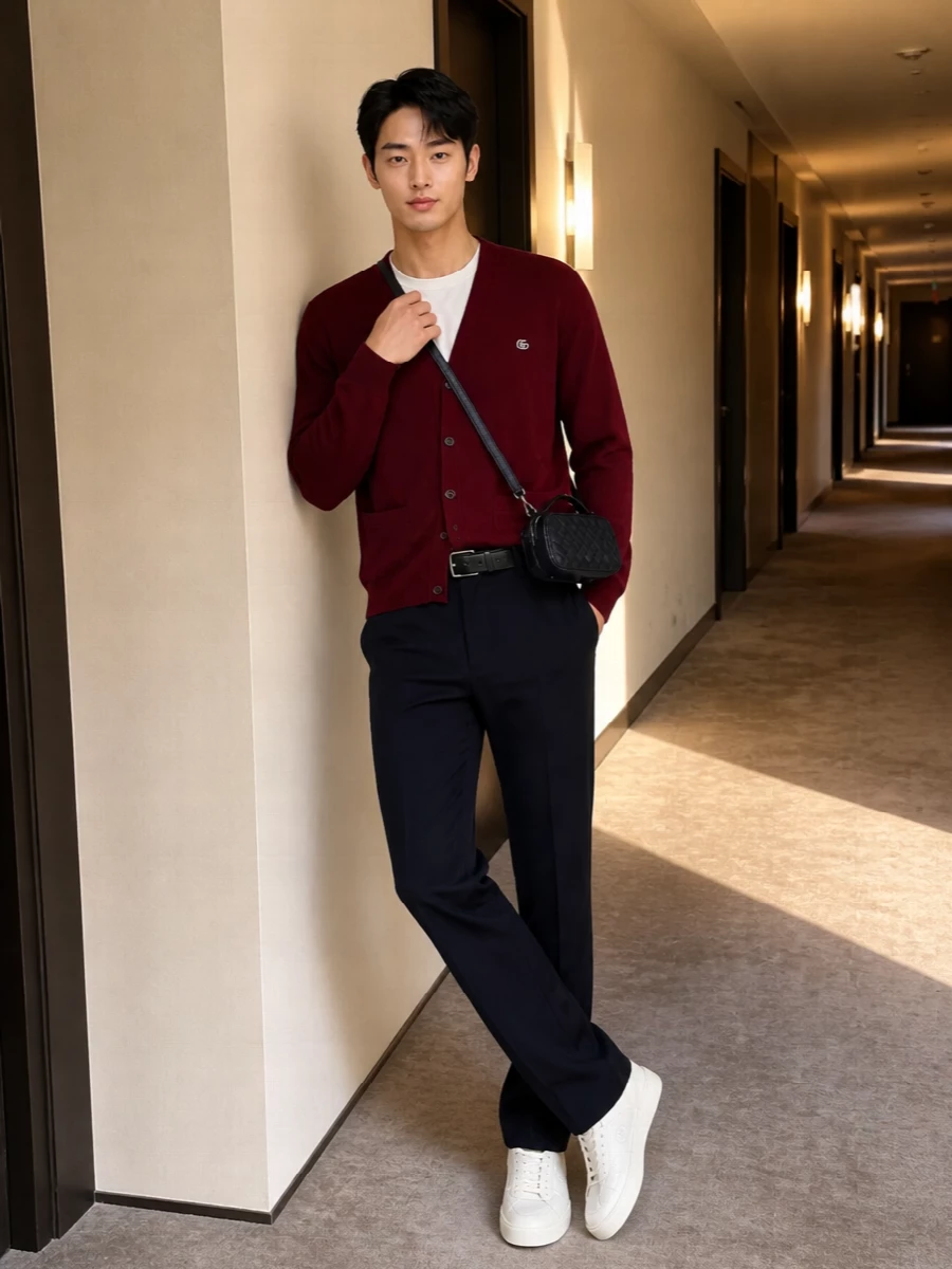 Gucci burgundy cardigan navy trousers outfit