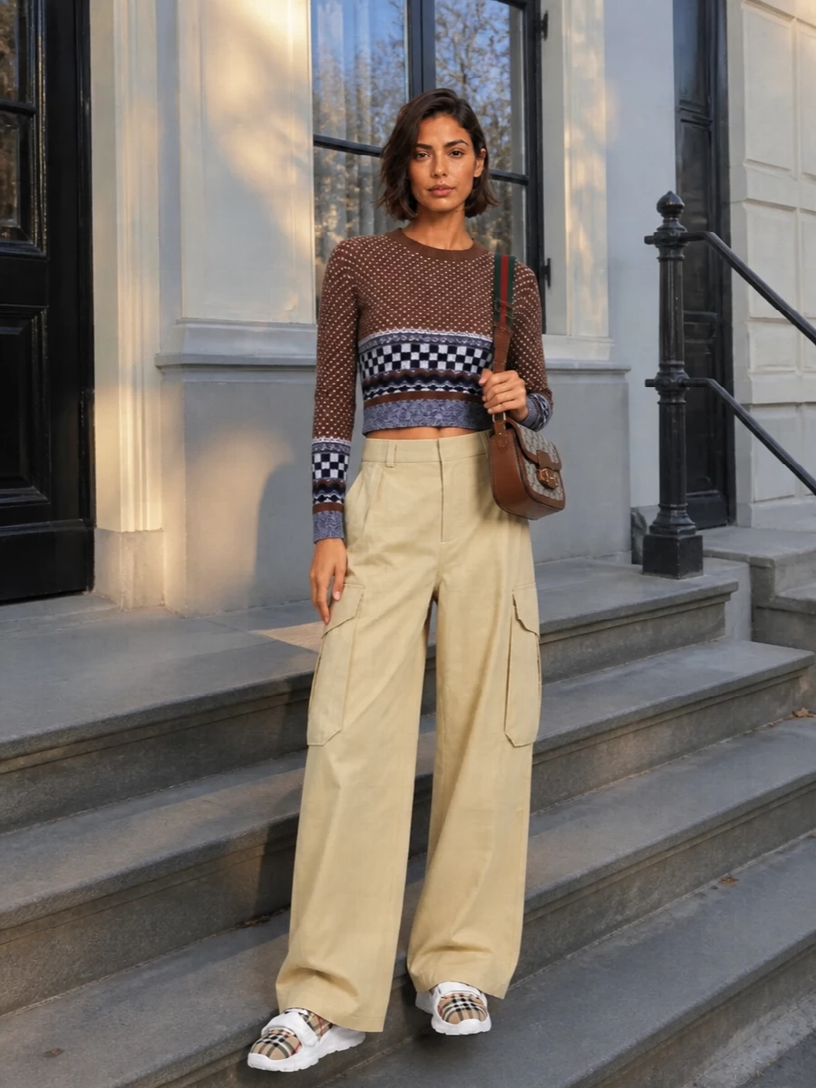 I’m building around the sneakers’ off-duty, logo-forward energy, so the cropped knit and high-waist cargos route feels truer than any dress option. The result is a polished streetwear edit in warm neutrals, with the chunky runner grounding wide-leg volume up top and bottom. The Gucci shoulder bag finishes it with a hit of house heritage that speaks to the Burberry check without clashing logos or overcomplicating the silhouette.