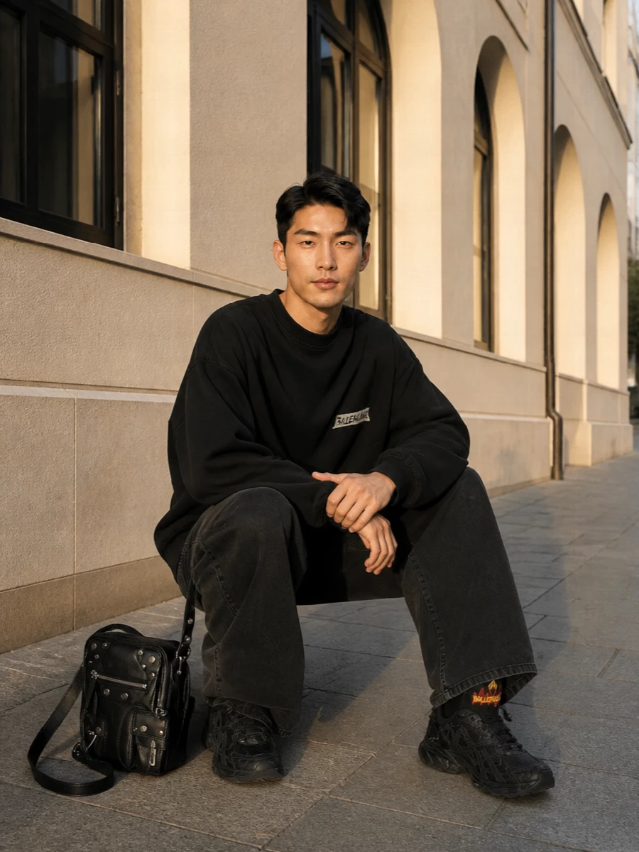 Balenciaga oversized black wide leg jeans outfit