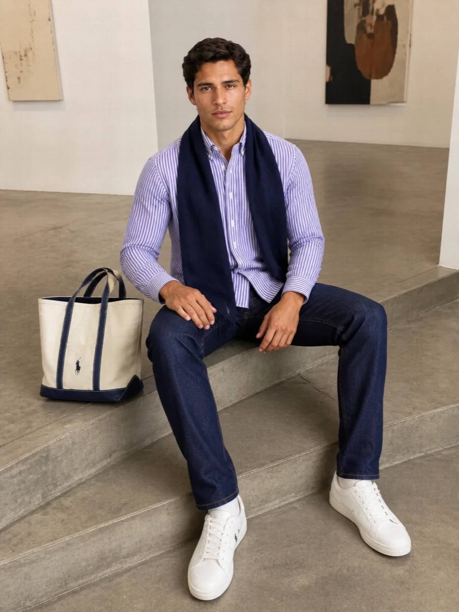 A lilac striped Polo shirt meets clean dark indigo denim for a sharp, campus-ready take on smart casual. White court sneakers keep it fresh and sporty, while a navy-trimmed canvas tote and tonal scarf underline the collegiate Ralph Lauren mood. It is an easy uniform for coffee runs, office-casual days, or weekend city walks when you want color without losing polish.
