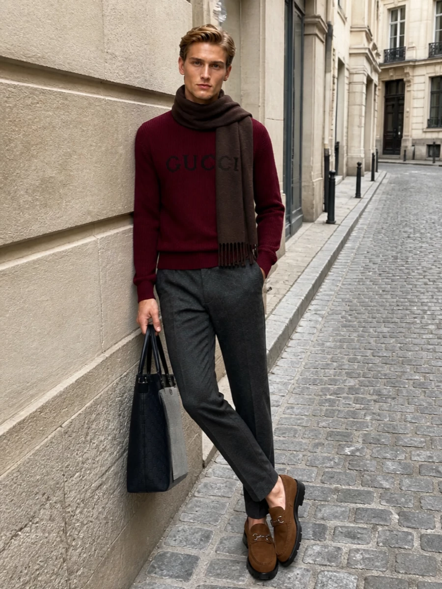Gucci burgundy intarsia sweater herringbone trousers