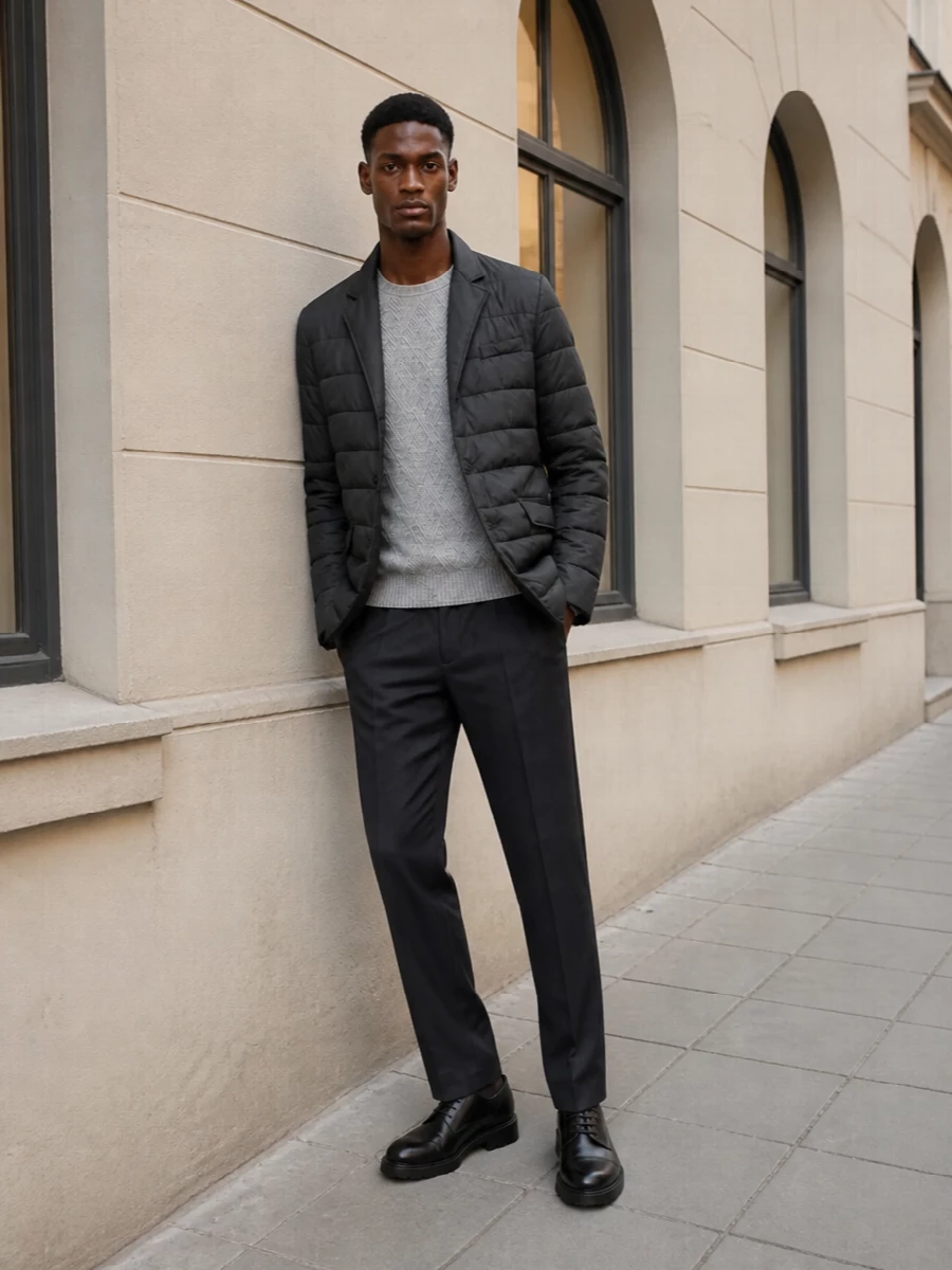 Herno padded blazer tailored trousers outfit