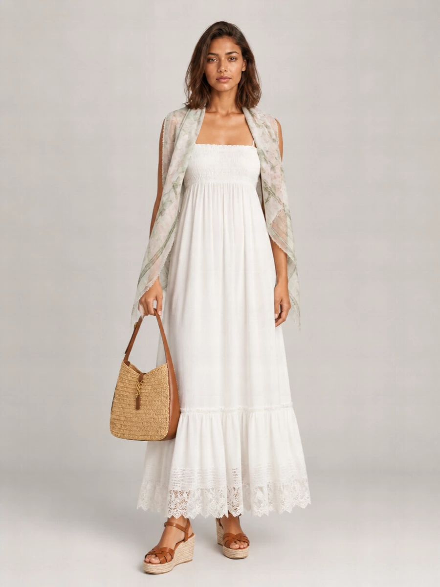 Saint Laurent Cotton Lace-Trim Ruffled Maxi Dress