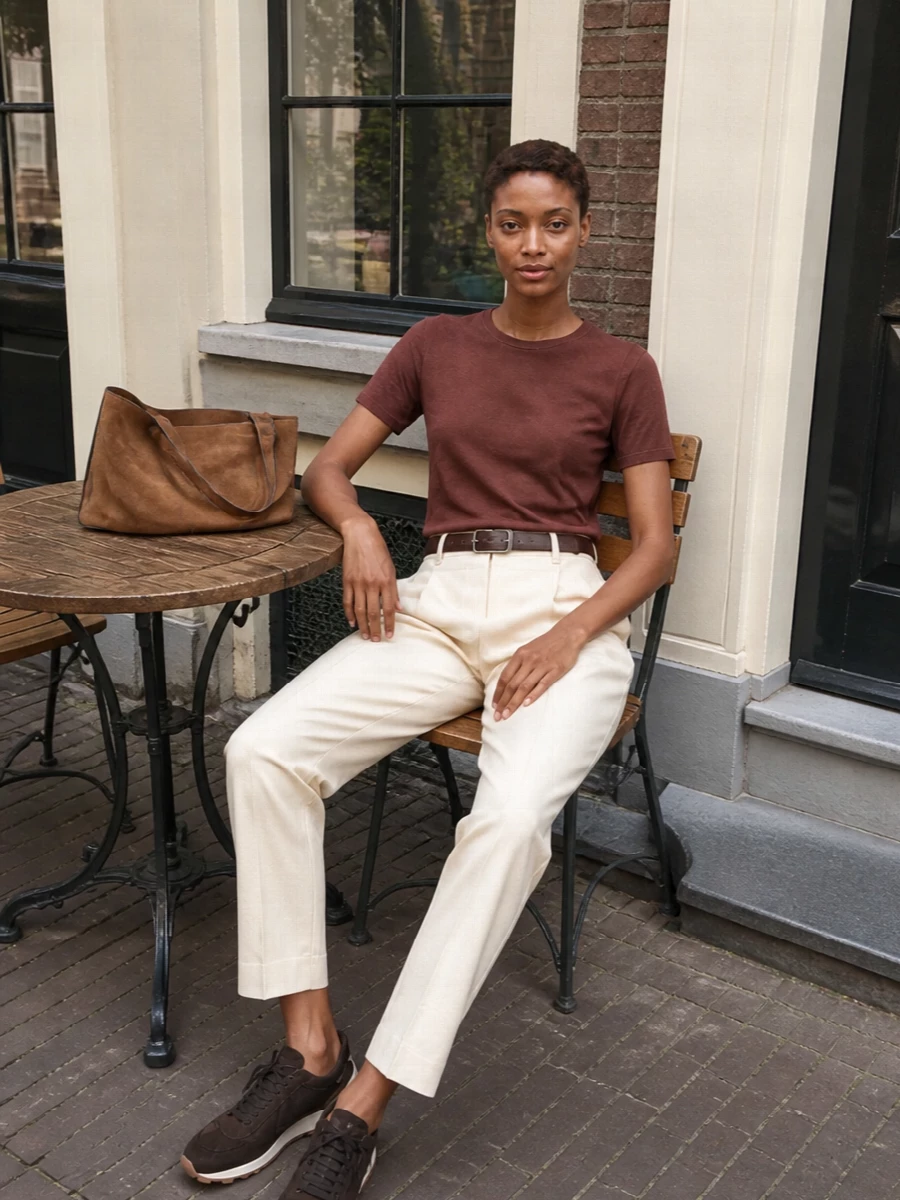 Warm cocoa and soft beige play together in a relaxed, tailored pairing that feels calm and considered. The tapered trouser and low-profile runner balance ease with structure, while the suede tote and slim belt introduce quiet texture and definition. It is an easy uniform for city days when you want comfort that still reads refined.