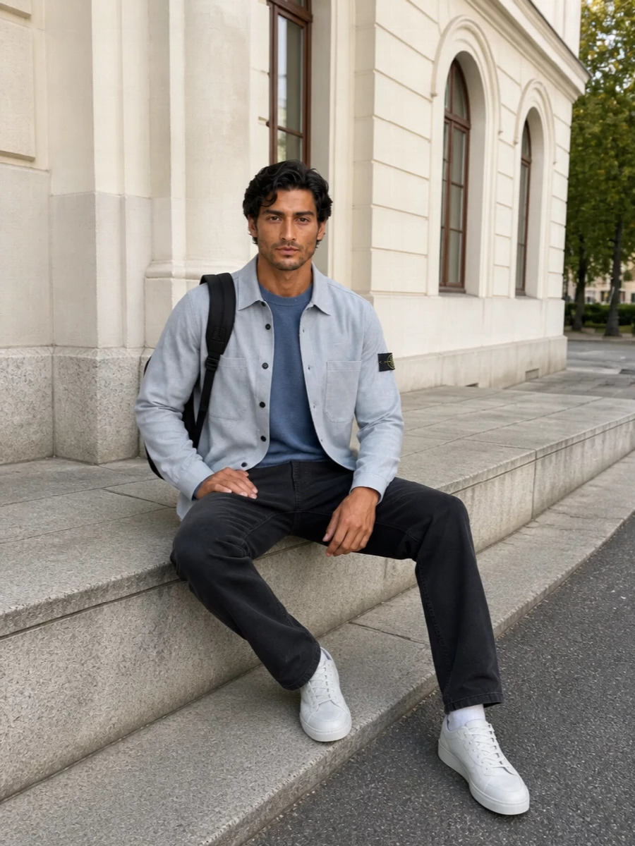 Stone island overshirt black jeans grey sneakers