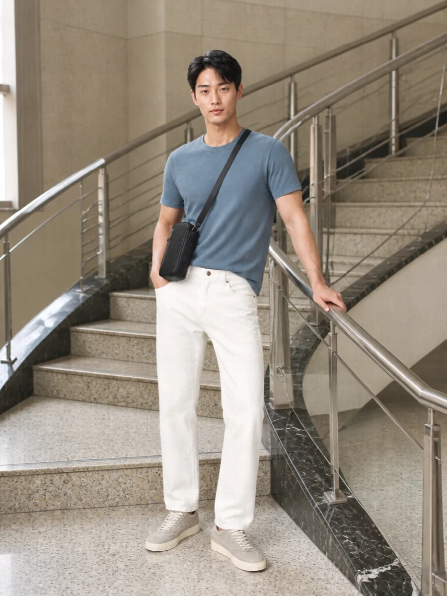 Golden goose sneakers off white jeans blue tee
