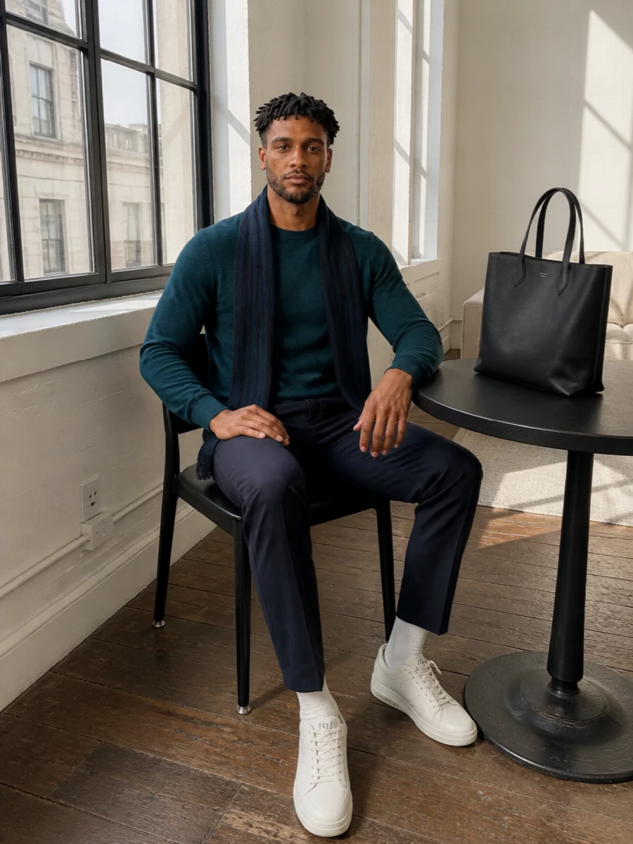 Herno teal sweater etro navy trousers outfit