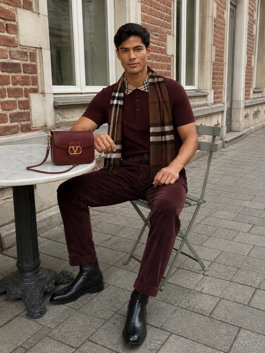 Burberry burgundy polo brown corduroy trousers