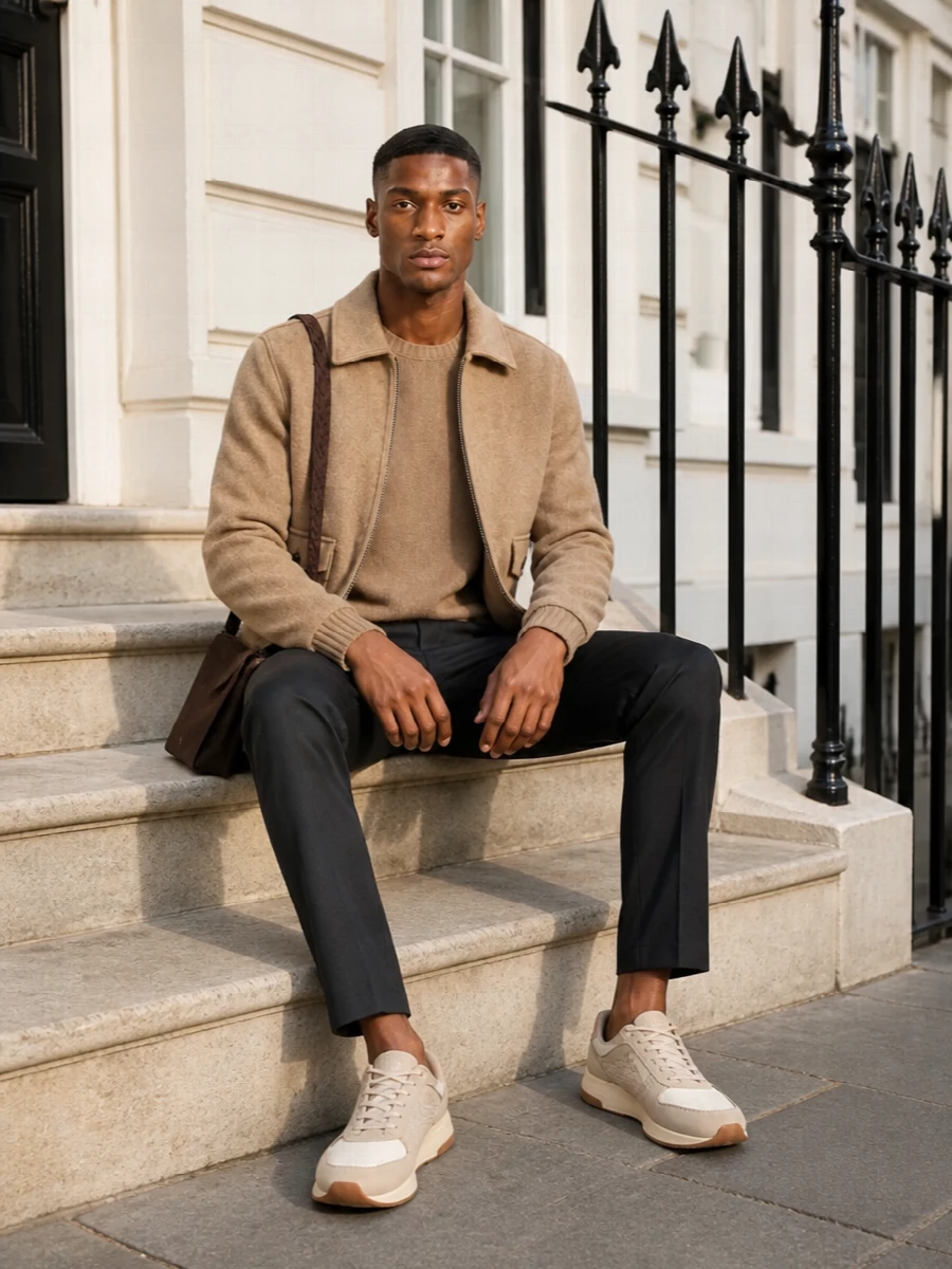 Pal zileri camel bomber charcoal trousers outfit