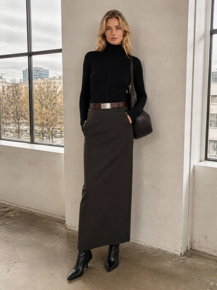 A dark espresso column skirt is paired with a second-skin black ribbed mock-neck, keeping everything long, lean and quietly intense. Sculptural pointed boots and an oversized crescent shoulder bag continue the strict vertical line while the Margiela belt introduces a precise, graphic break at the waist. The result feels gothic, minimal and city-ready without ever tipping into costume.