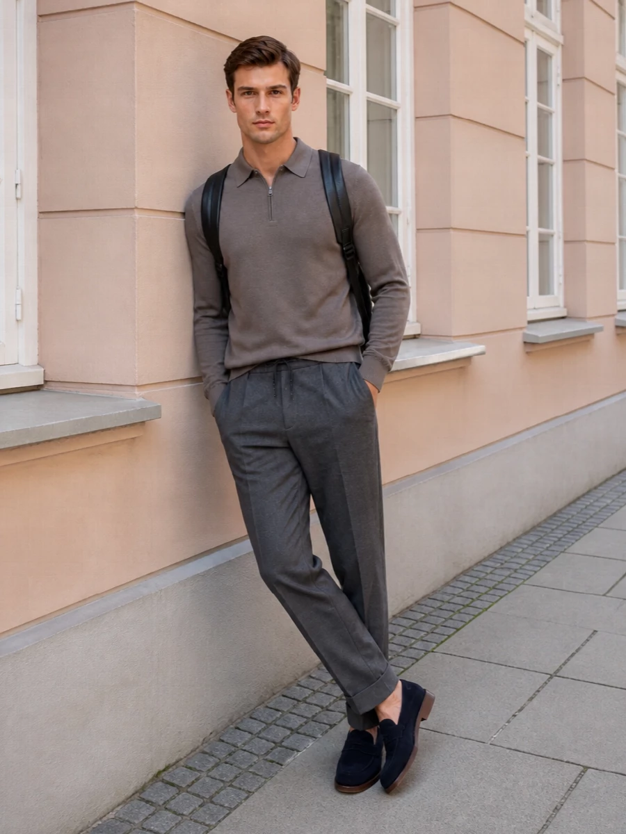 Brioni charcoal trousers taupe knit navy loafers