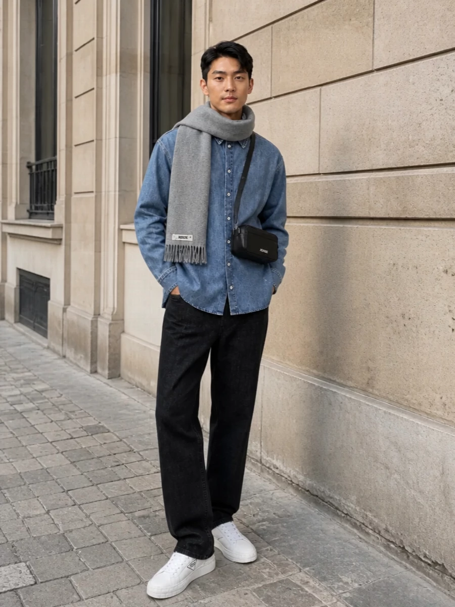 Jacquemus denim shirt black jeans prada sneakers