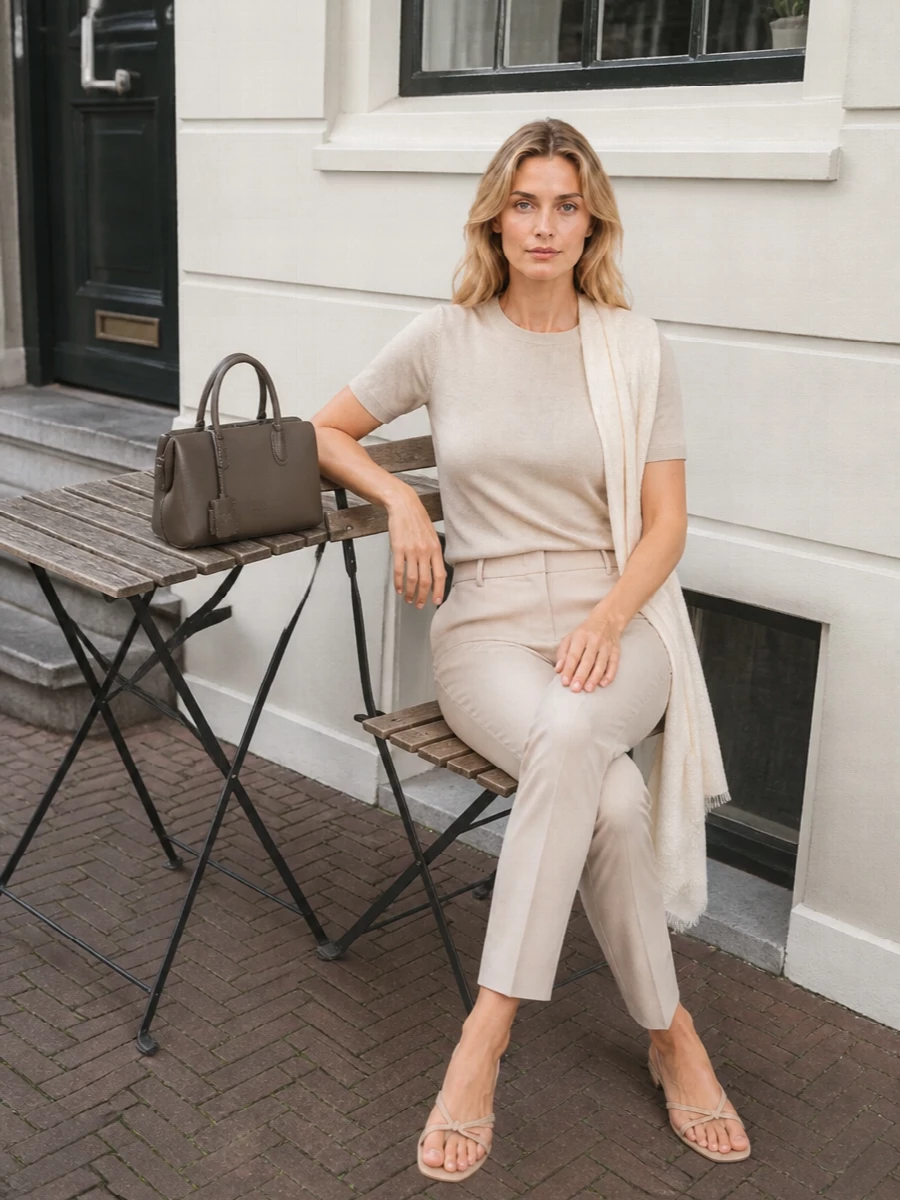 Warm neutrals stay in one quiet register, with the fine knit tee and light-beige trouser creating a long, clean line. A soft square-toe slide keeps the mood relaxed yet considered, while a structured taupe top-handle and airy tonal scarf bring just enough finish for city days that move between desk and off-duty plans.
