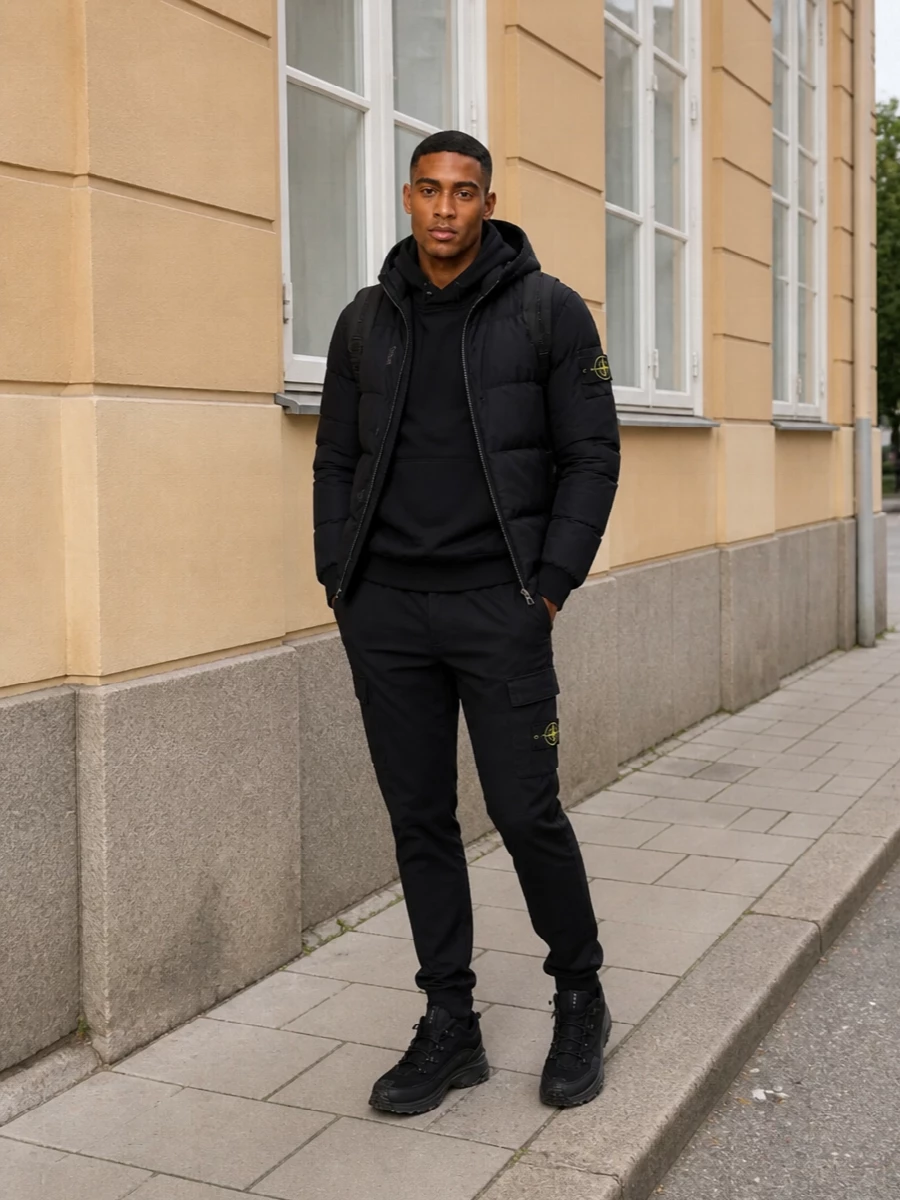 Stone island black puffer cargo trail sneaker outfit