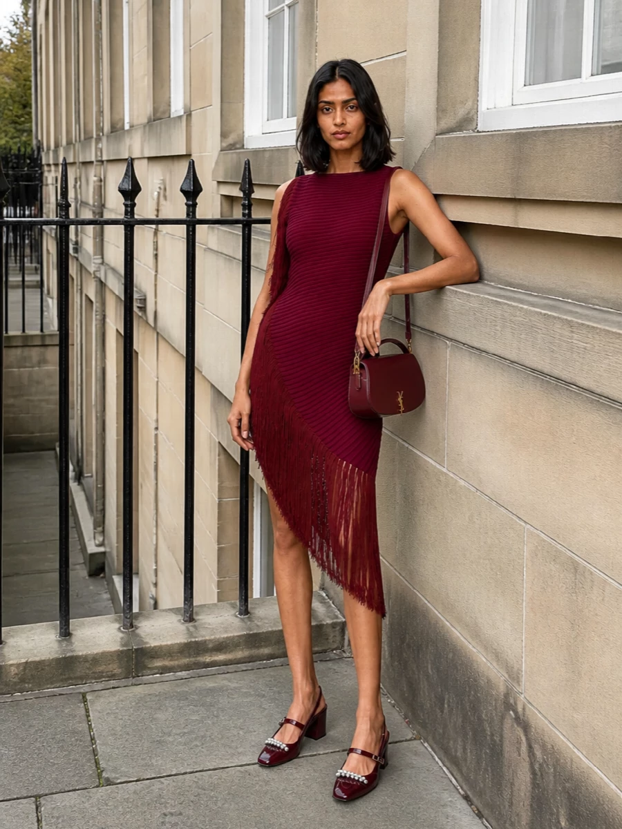 The Alaïa burgundy fringe mini and Saint Laurent saddle bag form a tight, quietly dramatic story in sculpted knit and glossy leather, all in the same deep wine family with black and gold grounding. Choosing the dress path keeps the silhouette clean and architectural, letting color and texture do the work rather than extra tailoring layers. Crystal-trimmed burgundy slingbacks complete the line, giving cocktail polish and comfort that feels modern rather than showy.