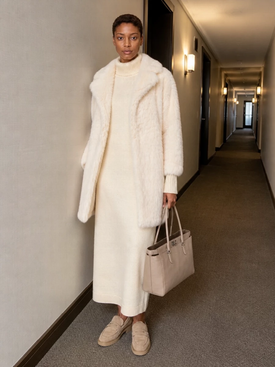 I’m taking the dress route here so the coat can sit over a clean, uninterrupted knit column instead of competing with separate top and trouser proportions. The cream Jil Sander dress extends the coat’s long, soft silhouette, while camel shearling loafers and a structured taupe Fendi tote pull in just enough contrast and structure to keep the palette warm, modern and quietly refined for winter days in the city.
