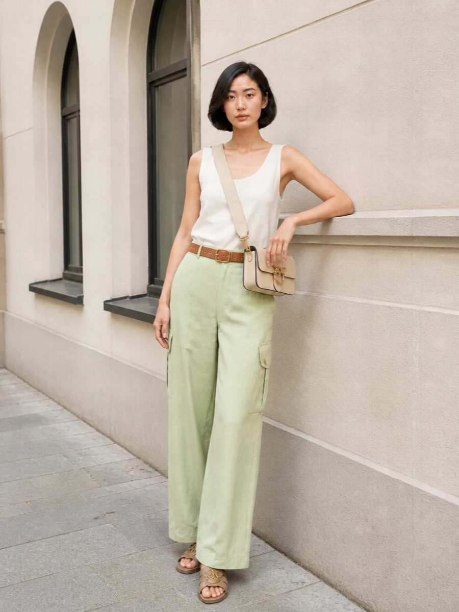 Soft pistachio cargo trousers meet an ivory tank for a clean, weightless mix of utility and ease. Taupe slides, a beige cross-body and a tan belt warm the palette, keeping the mood relaxed but considered for warm days in the city or by the coast.