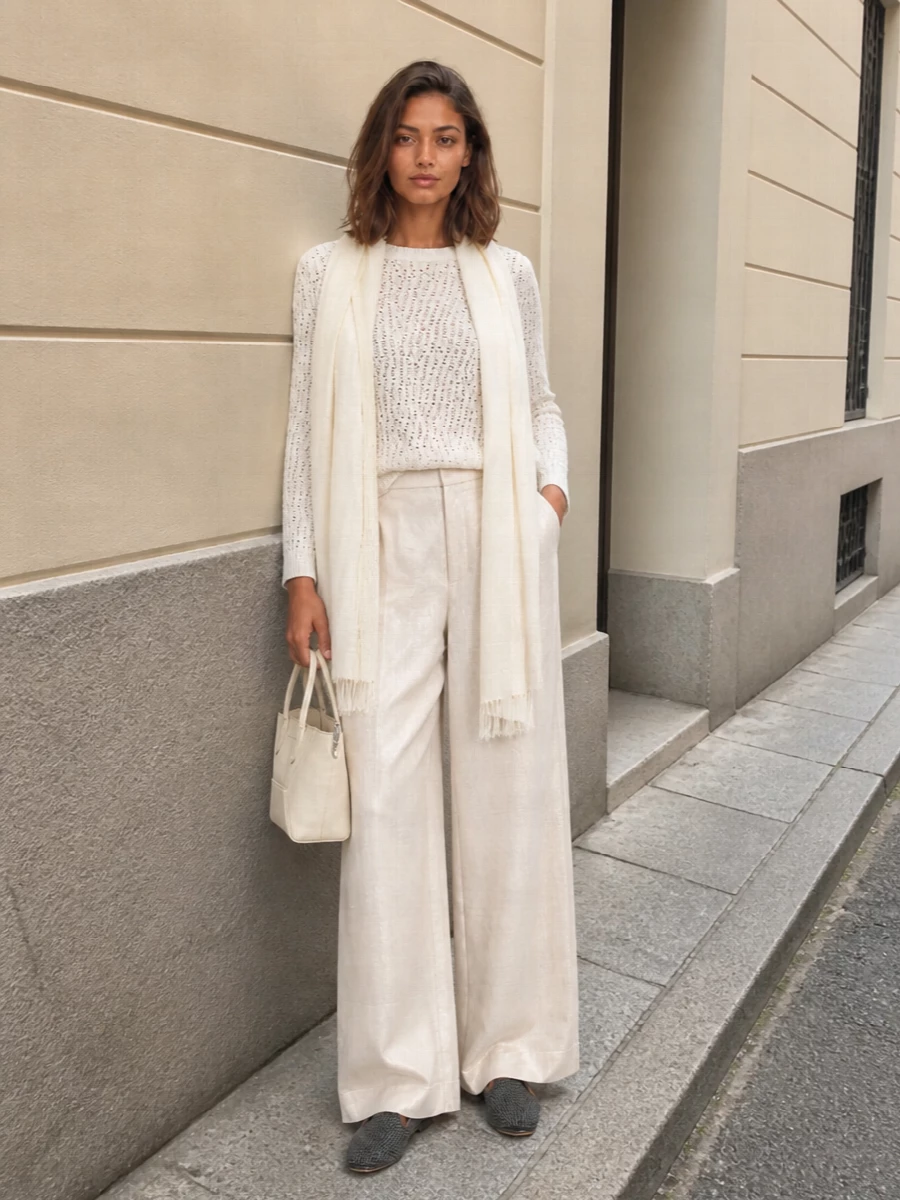 Brunello cucinelli ivory wide leg trouser outfit