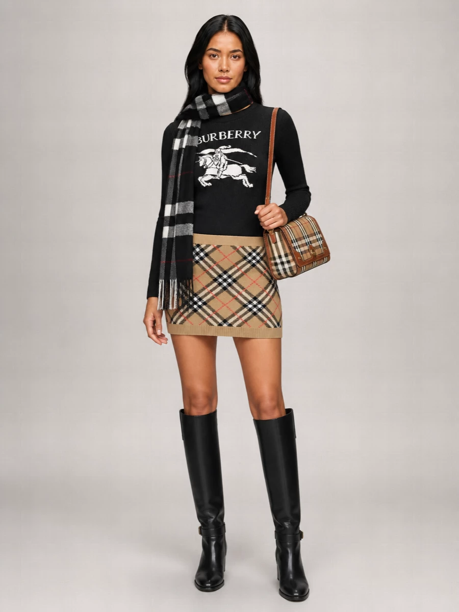 Burberry Wool Silk Fine Ribbed Logo Intarsia Sweater
